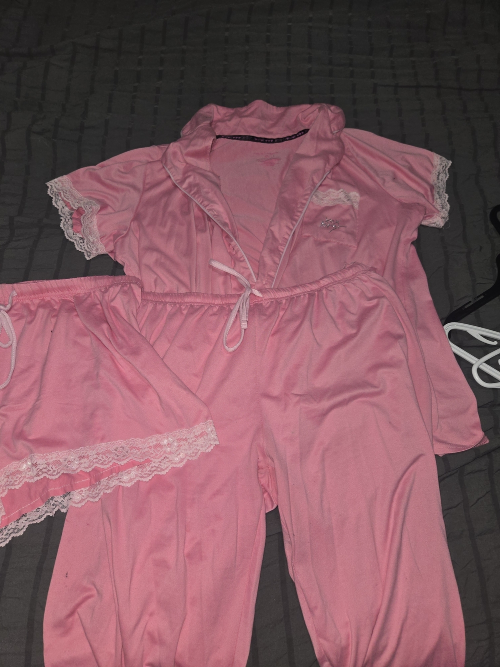 Betsey Johnson Pink Short Sleeve Tie-Front Pajama Set with Lace Trim